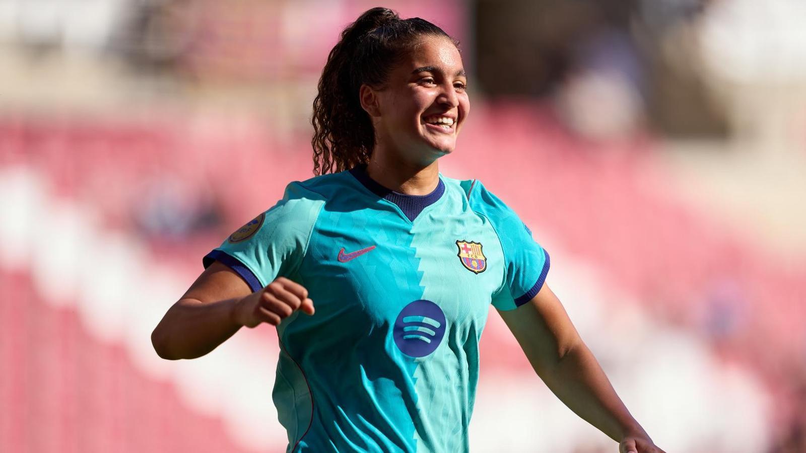 Mayssa Baha celebrates her first goal with Barça