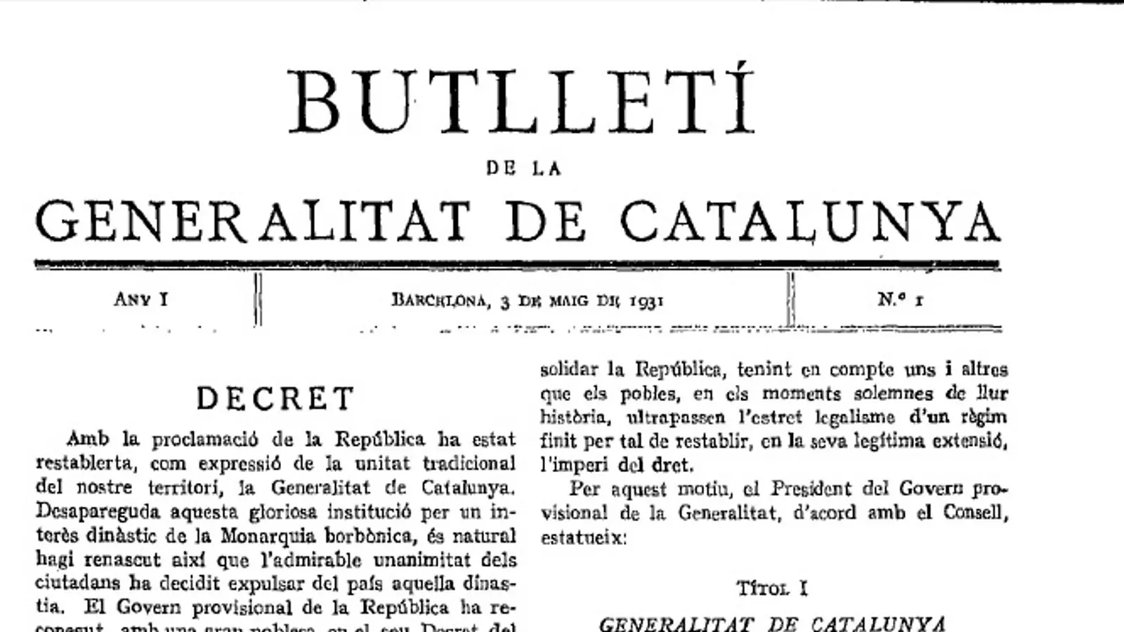 Imatge del primer DOGC de la Segona República on es restableix la Generalitat