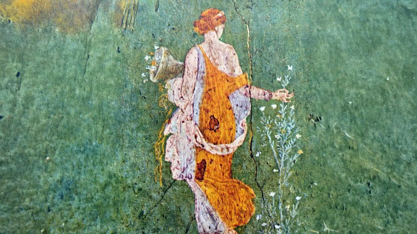 Noia collint flors (Primavera). Pintura mural d'Stabia. Tercer estil pompeià.