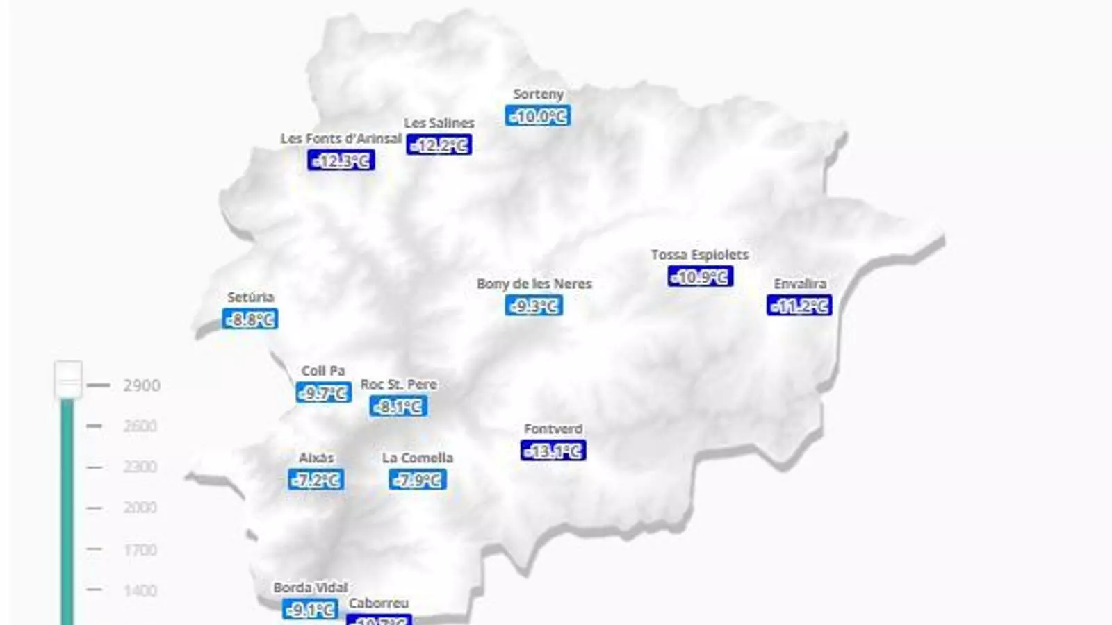 Les temperatures d'aquest dimecres. / SERVEI METEOROLÒGIC D'ANDORRA