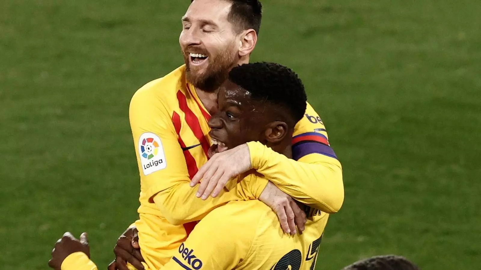 Ilaix Moriba celebra amb Messi el seu únic gol amb el Barça.