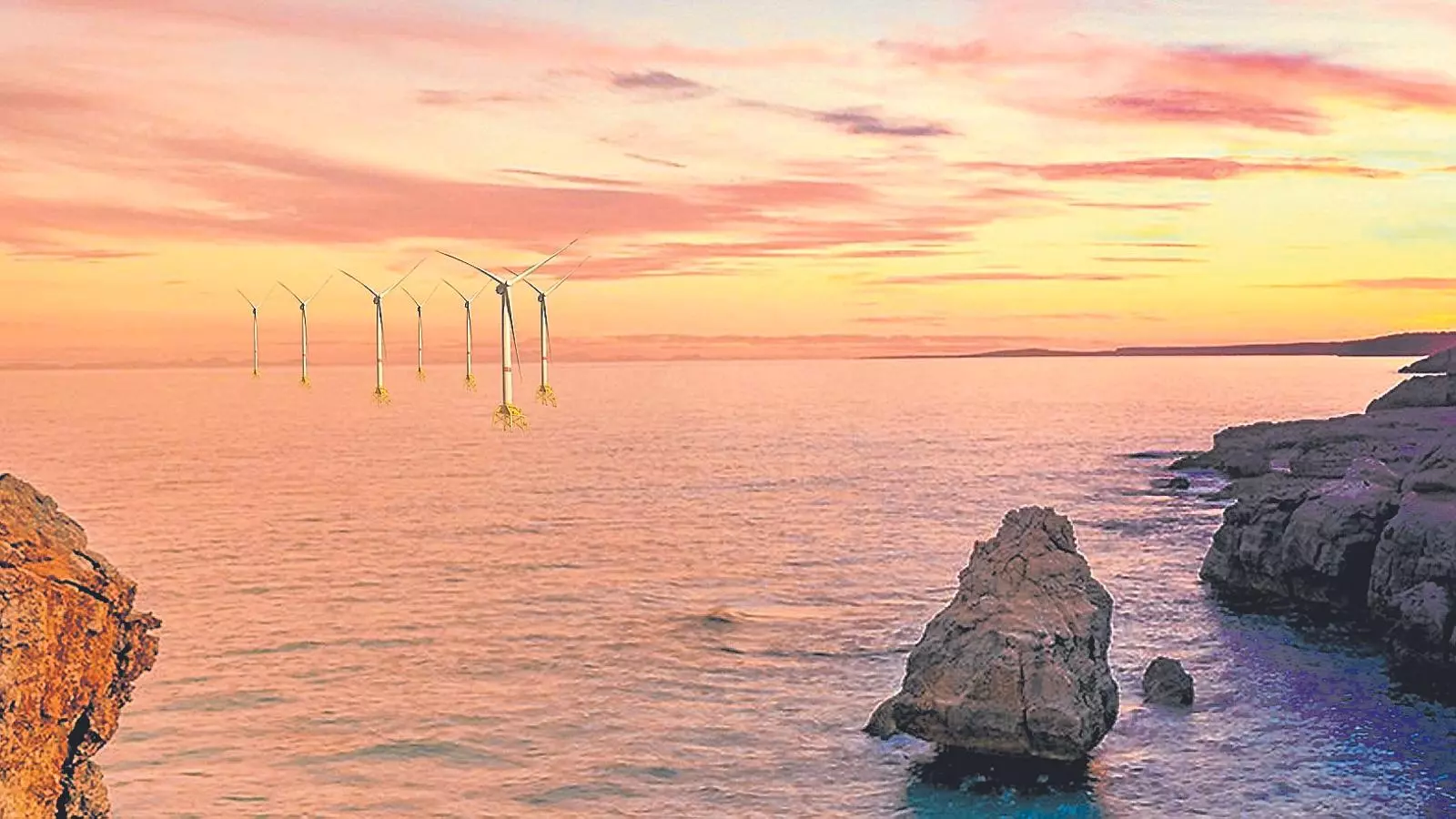 Recreació de com es podrien veure els molins marins flotants des de la costa de Menorca.
