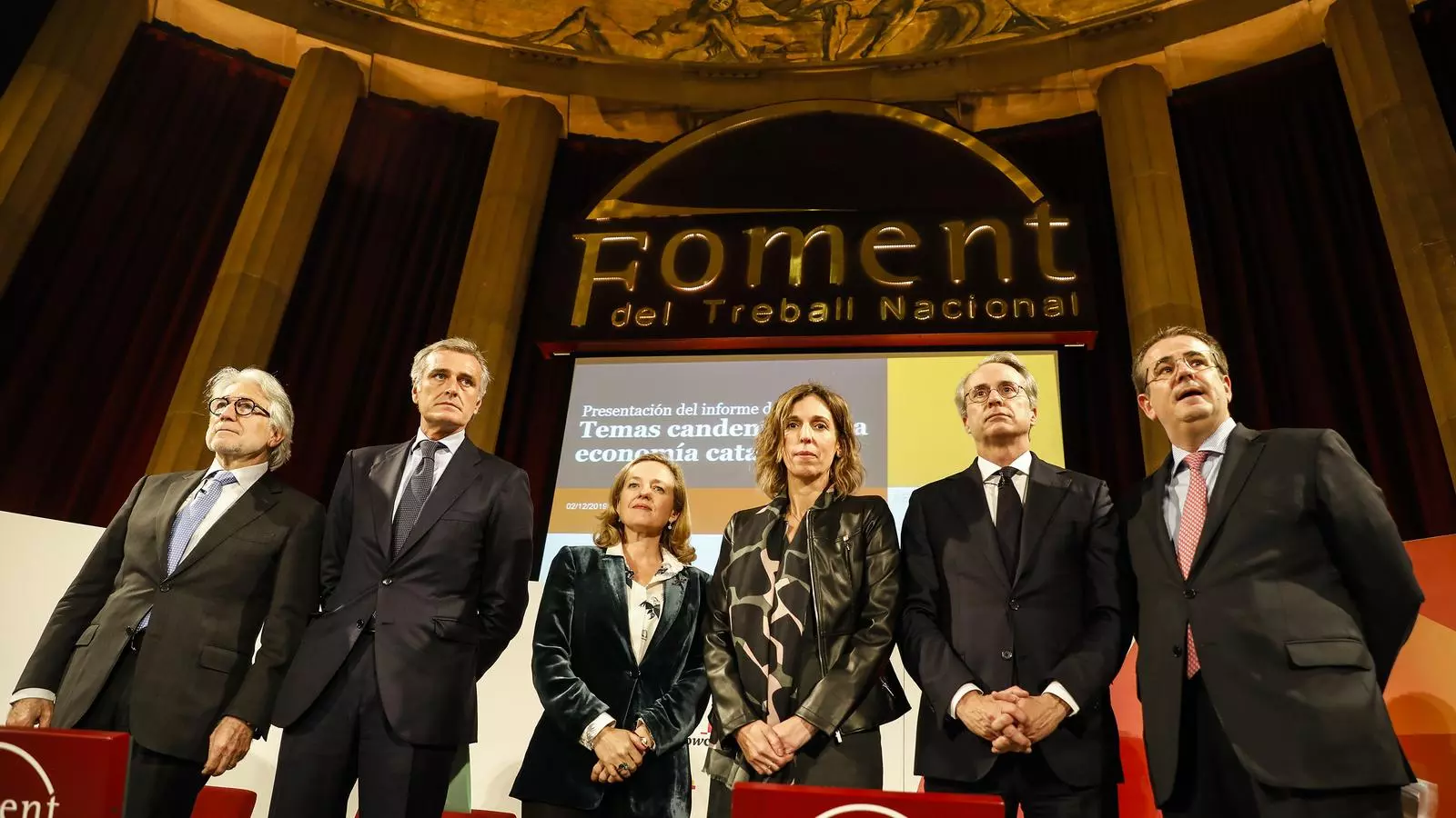 Nadia Calviño i Àngels Chacón, al centre, han presidit l'acte de Foment del Treball.