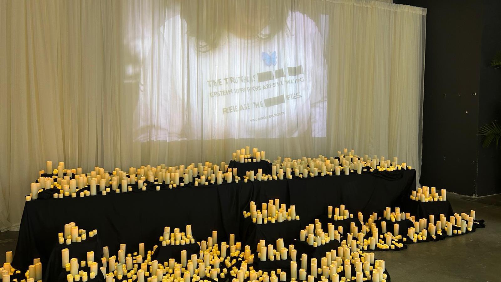 An installation with candles at the exhibition about Epstein's papers in Washington.