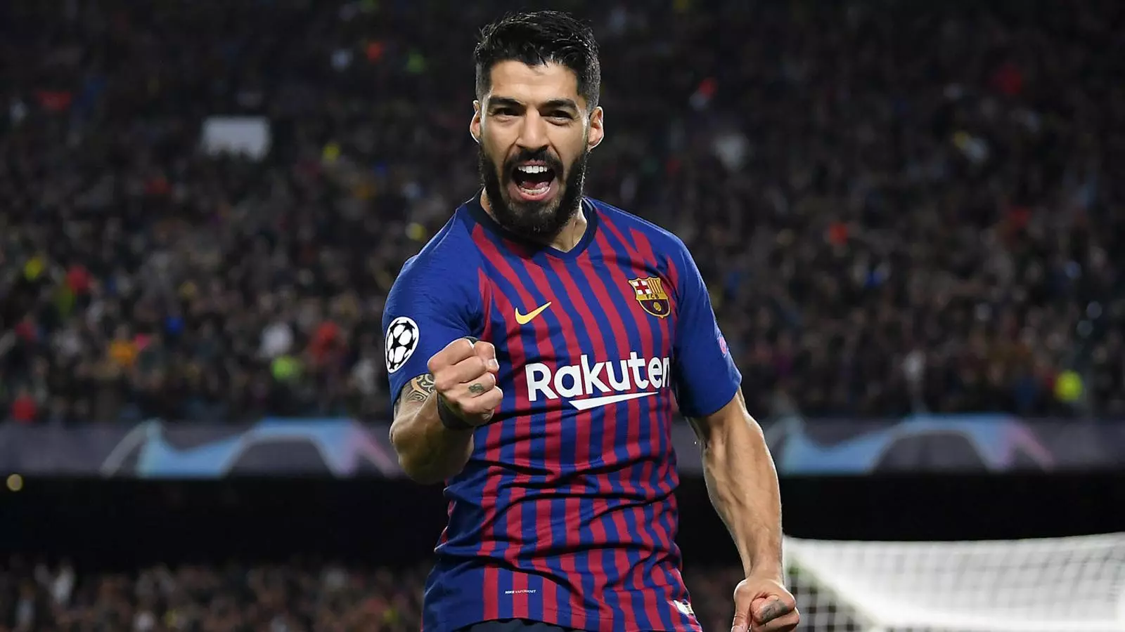 Luis Suárez celebrant un gol durant la seva etapa amb el Barça al Camp Nou.