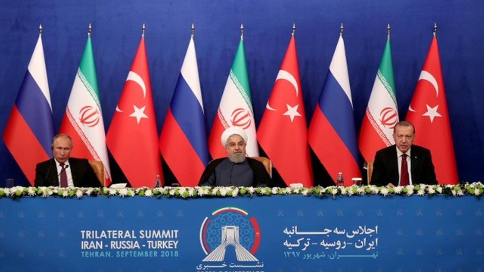 Els presidents Tayyip Erdogan, Hassan Rouhani i Vladímir Putin després de la seva reunió a Teheran, Iran.