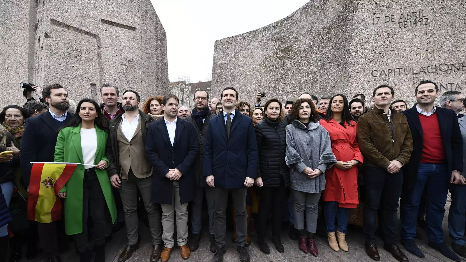 Santiago Abascal, Pablo Casado i Albert Rivera a la plaça de Colón el febrer del 2019