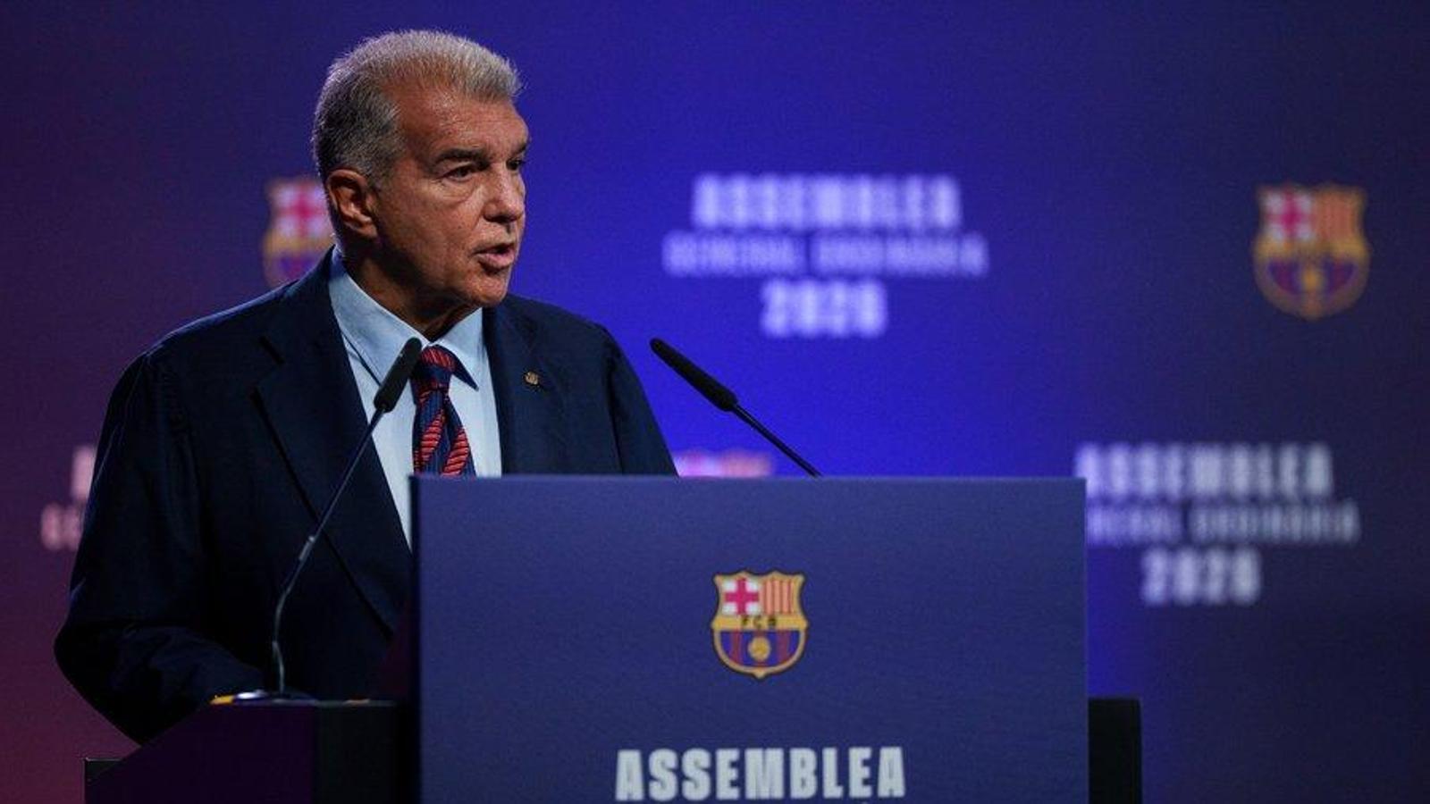 El presidente del Barça, Joan Laporta, durante la asamblea de compromisarios 2026