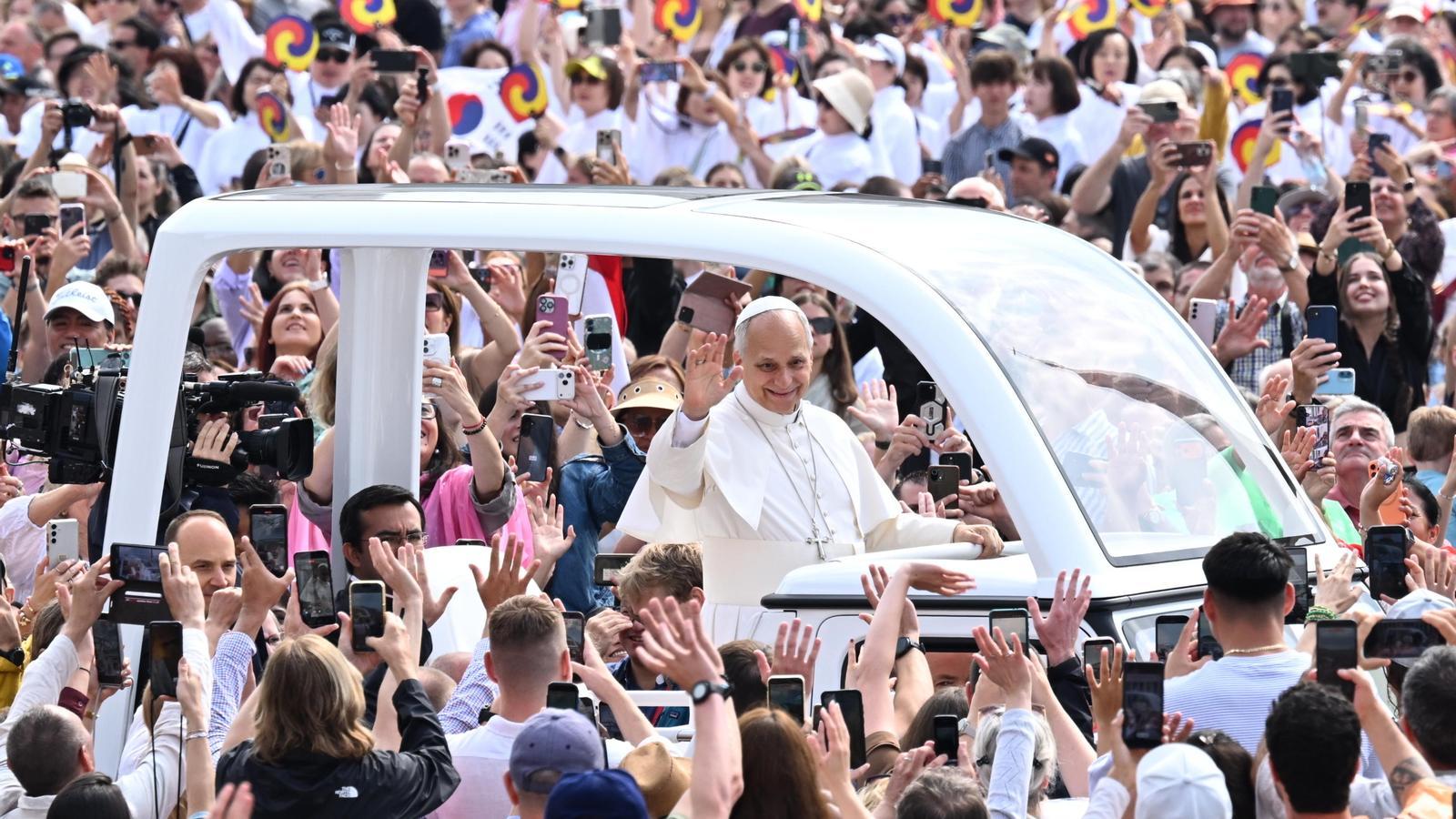 Pope Leo XIV greeting the faithful at his weekly audience on June 3