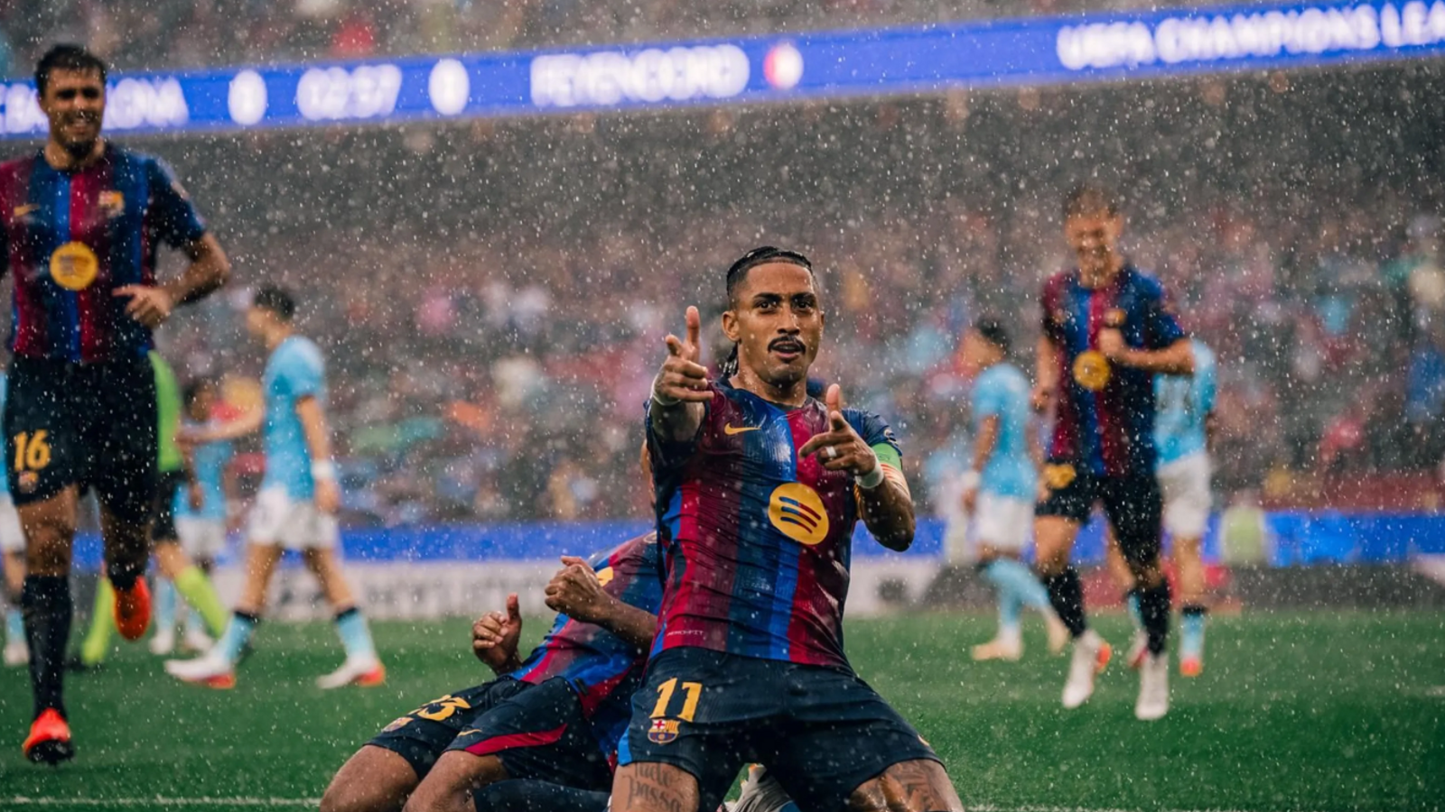 Raphinha, celebrating one of his goals against Feyenoord at the Camp Nou