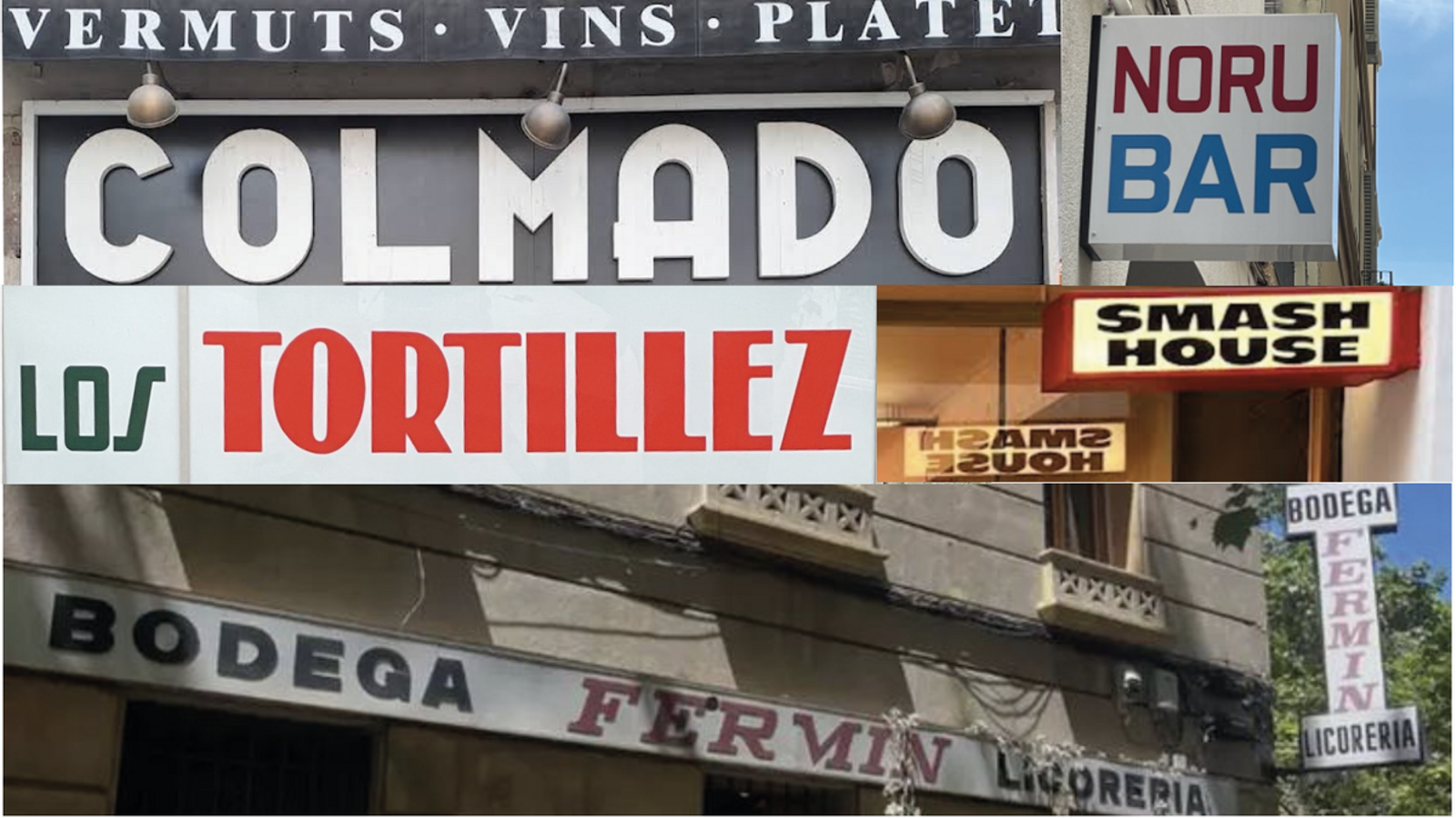 Collage de diferentes carteles de establecimientos.
