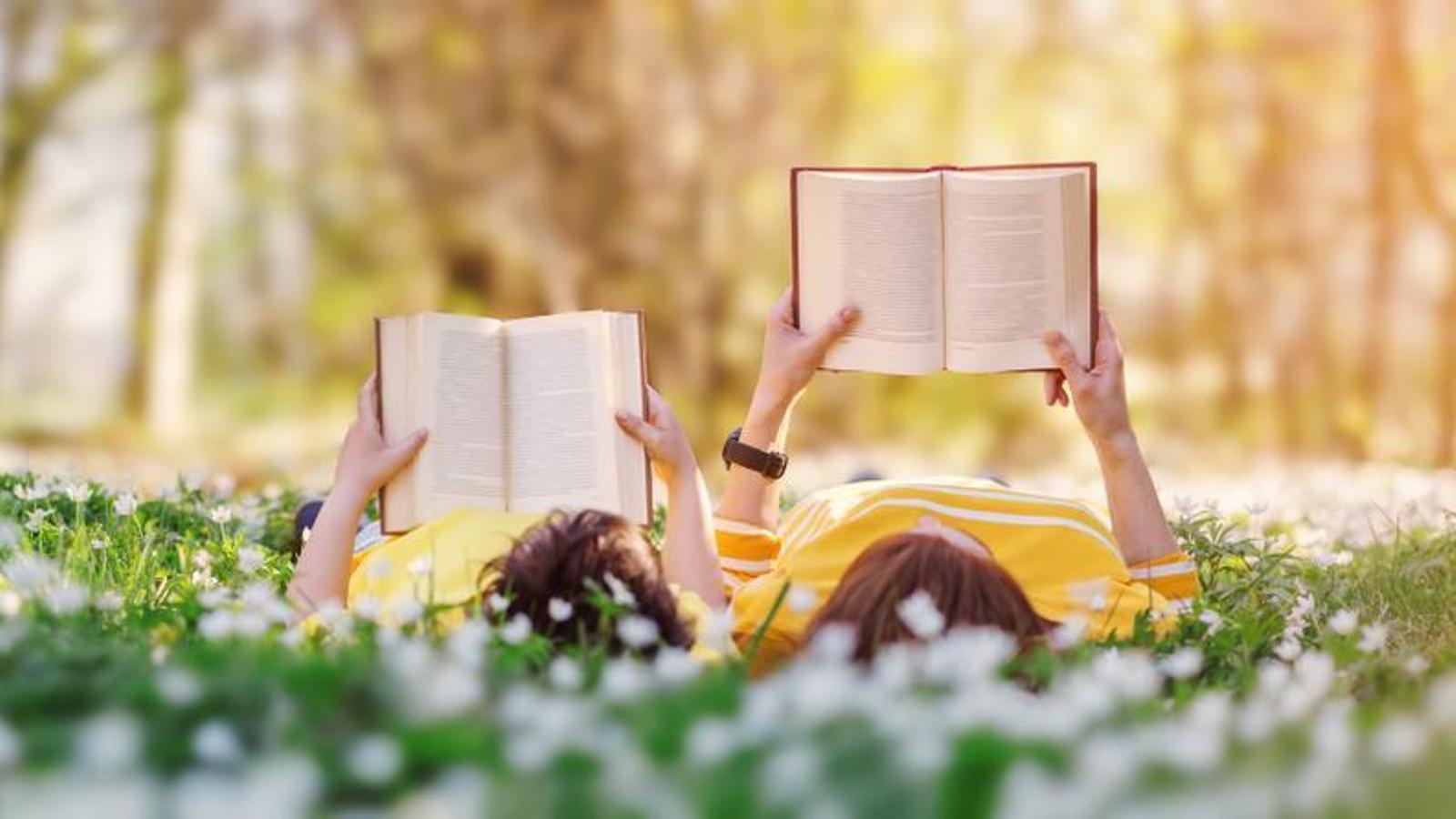 A woman and a child reading in a meadow.