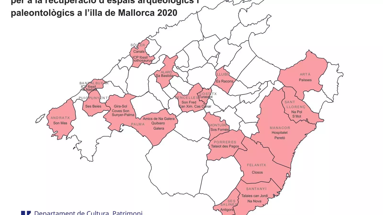 Mapa de les subvencions per a la recuperació d'espais arqueològics del 2020