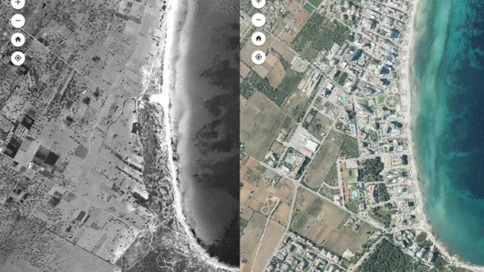 El GOB aporta dues fotos comparatives, una del 1956 i l'altra de 2019, sobre l'impacte urbanístic a Cala Millor.