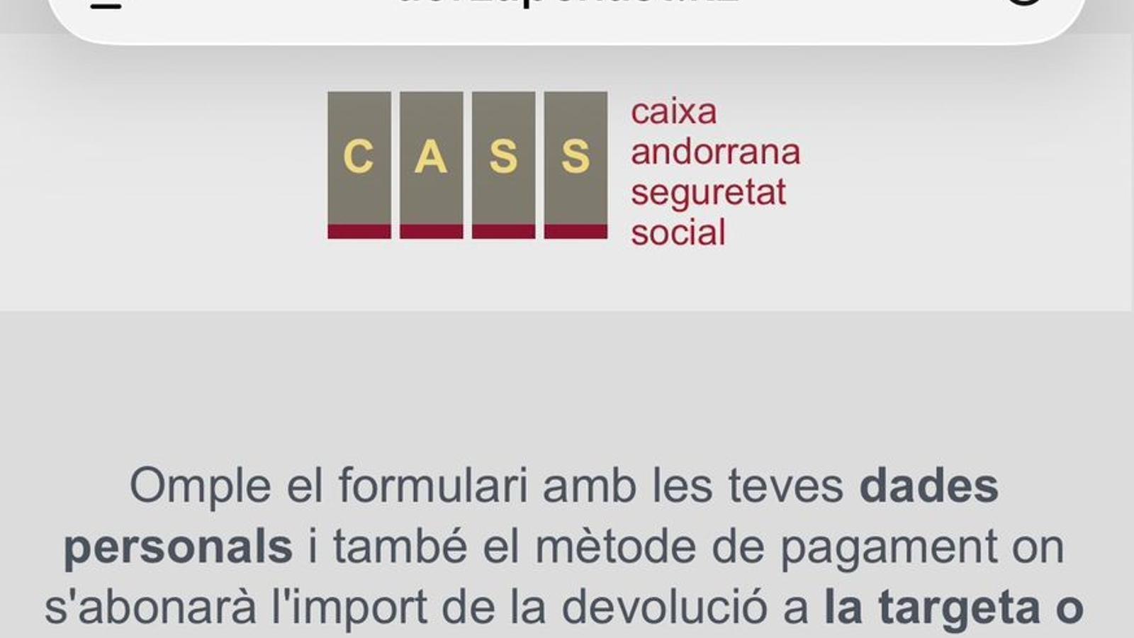 El correu electrònic d’intent de phishing que simula ser la CASS fent el reemborsament de 250 euros demana que emplenis un formulari amb les teves dades. El correu és serviceo30611@correo.com.uy.