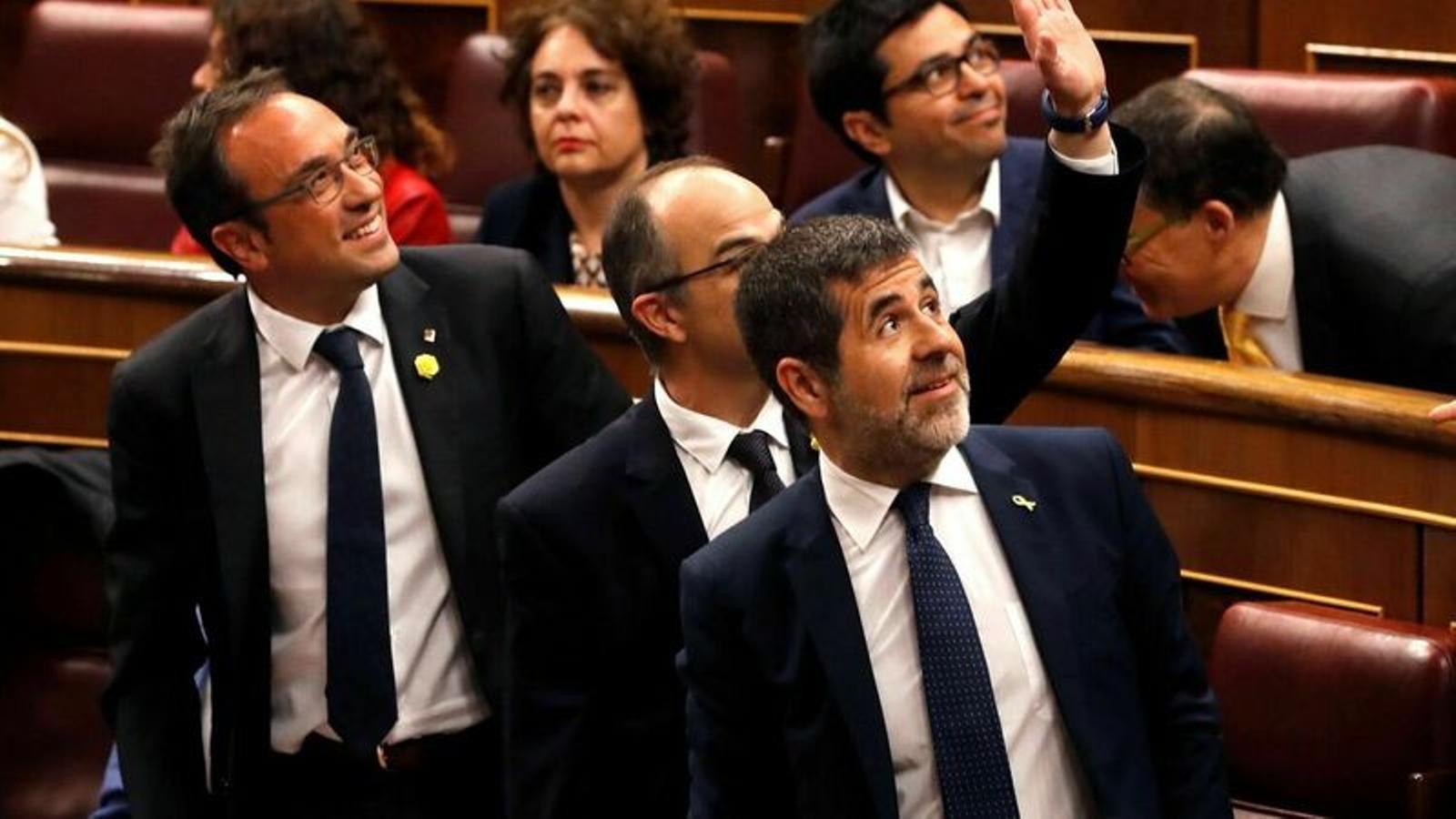 The ex-deputies of JxCat in the Congress Jordi Sànchez, Jordi Turull and Josep Rull, in the act of taking possession to the Congress after the 28-A