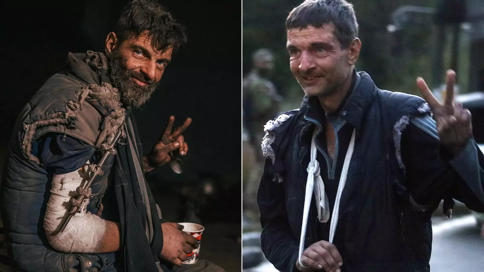 Estas dos fotos muestran una fotografía de archivo publicada por el regimiento de Azov el 11 de mayo de 2022 de un militar ucraniano Mykhailo Dianov gesticulando dentro de la fábrica de hierro y acero de Azovstal al este de Mariupol y una fotografía publicada por el Servicio de Seguridad de Ucrania. el 22 de septiembre de 2022, el militar ucraniano Mykhailo Dianov gestando después de su liberación como parte de un intercambio masivo de prisioneros de guerra a la región de Txernigiv en medio de la invasión militar rusa de Ucrania.