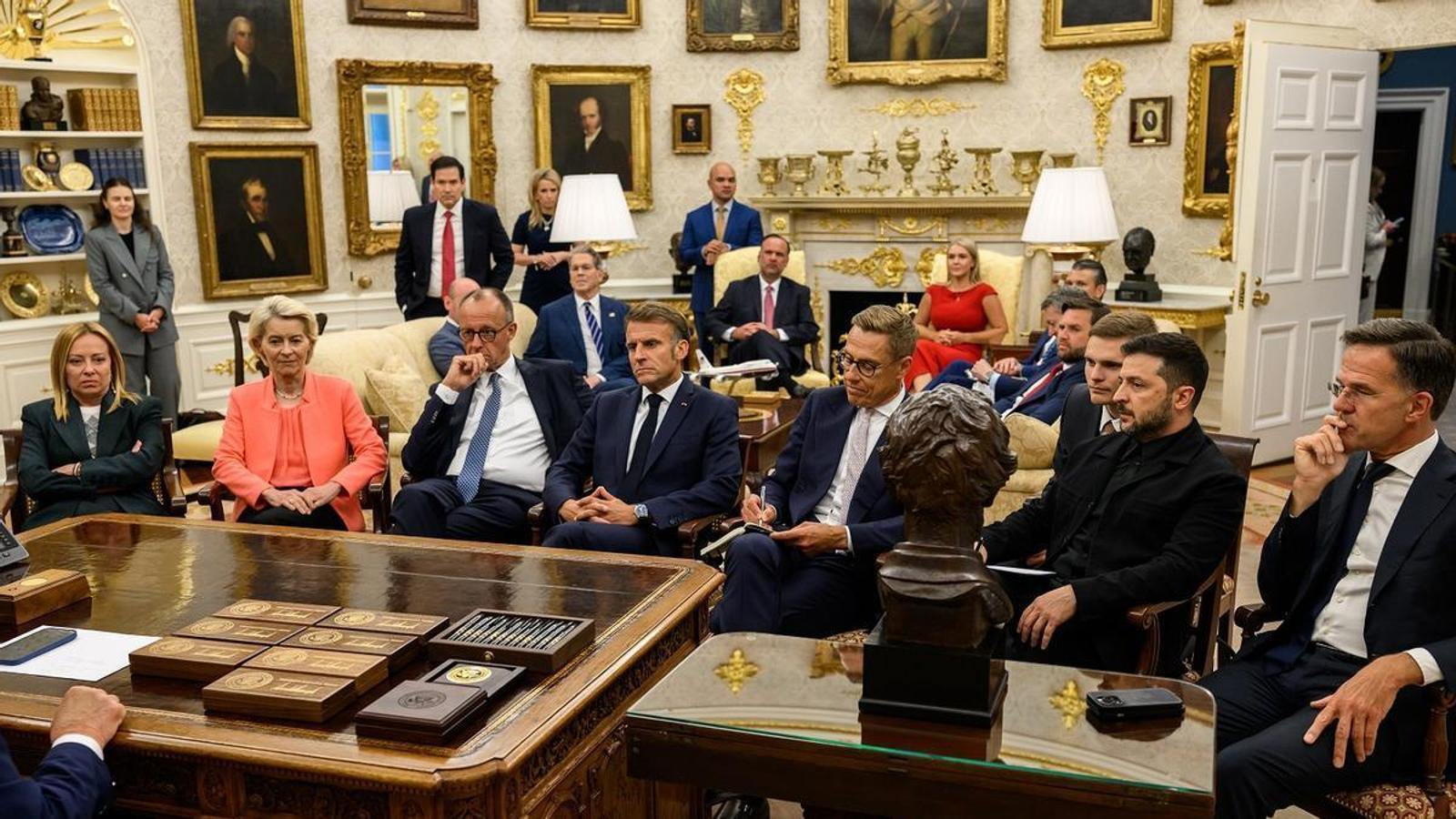 Oval Office, August 19. Trump (off-screen) meets with Giorgia Meloni, Ursula von der Leyen, Friedrich Merz, Emmanuel Macron, Volodymyr Zelensky, and Mark Rutte.