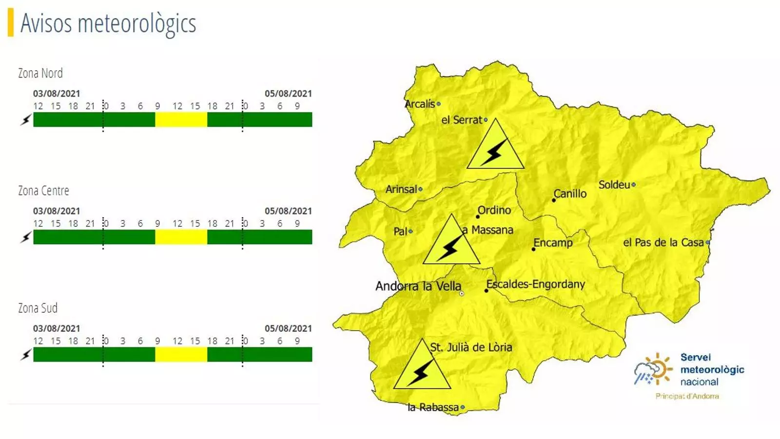 El Servei Meteorològic d'Andorra activa l'avís groc per tempestes.