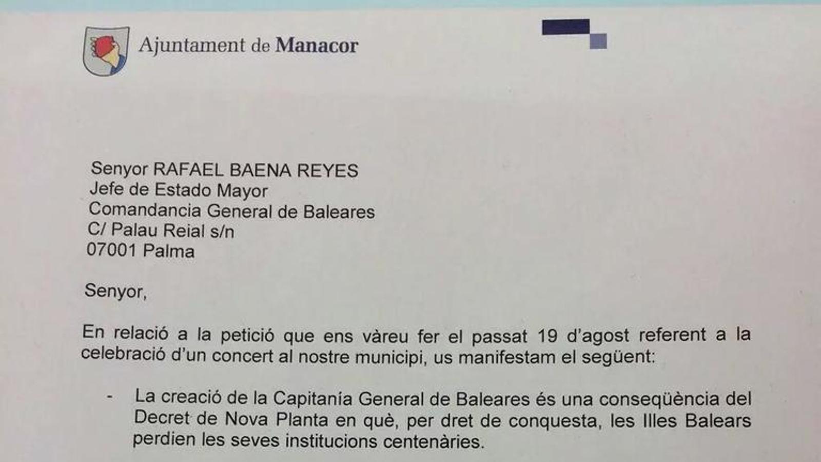 La carta del batle de Manacor al cap de l'Estat Major