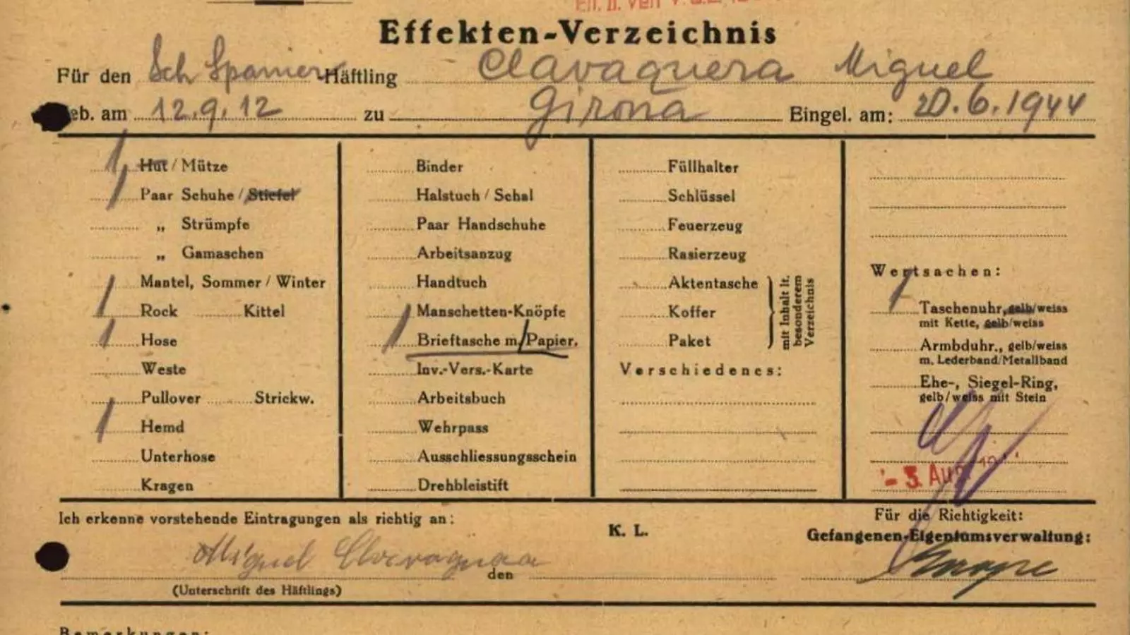 Miquel Claveguera Serra, pagès, fou supervivent del camp de Dachau, alliberat a finals de maig de 1945. Va morir l’any 2012 als 100 anys a Montoriol (Rosselló)