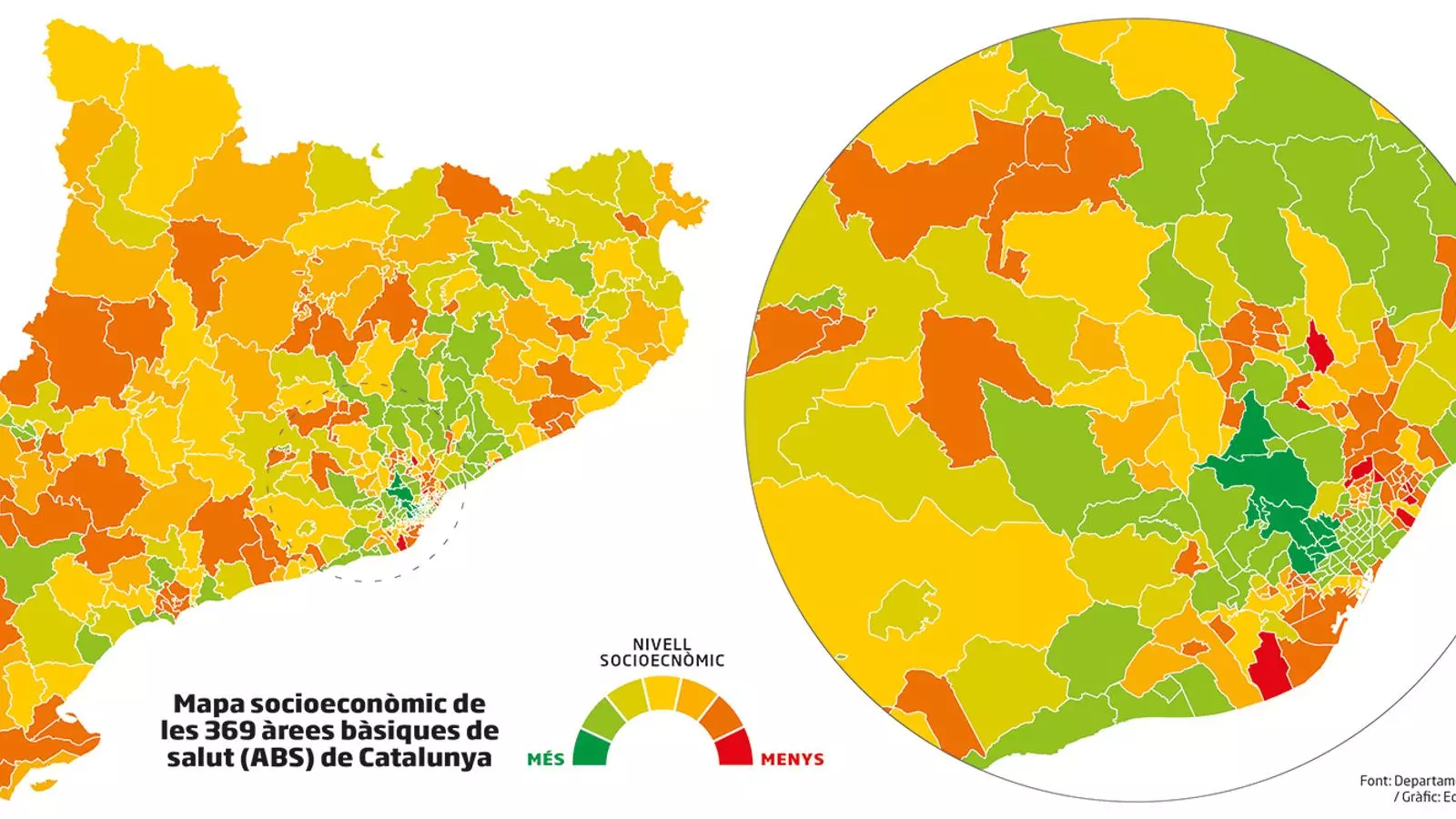 El mapa socioeconòmic de les 369 àrees de salut bàsiques (ABS) de Catalunya