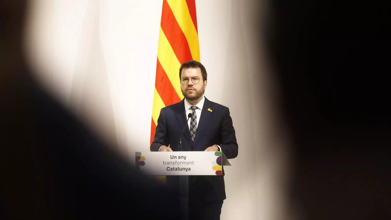 El president del Govern, Pere Aragonès, durant el balanç del primer any de mandat