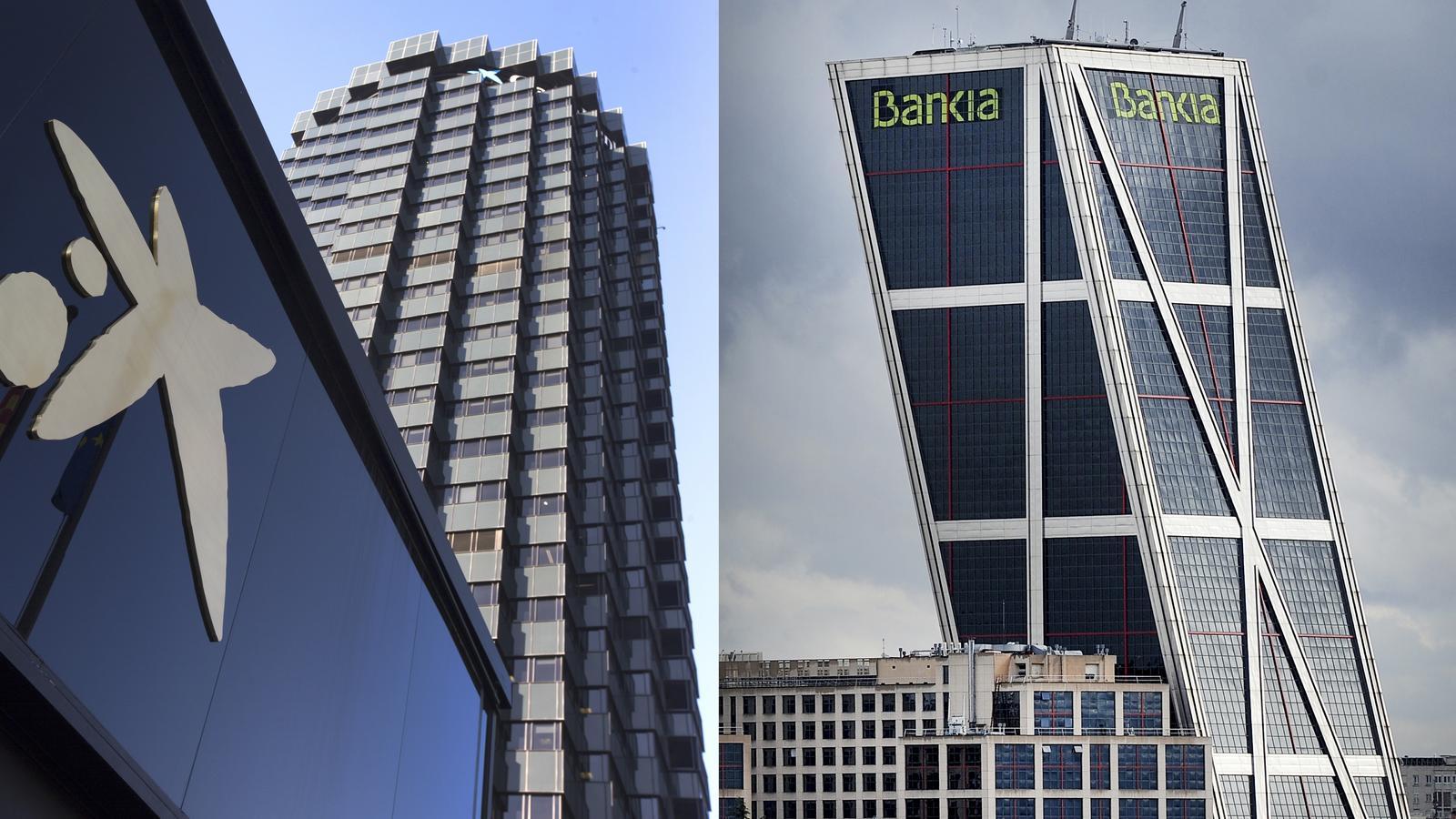 Edificis principals de CaixaBank, a Barcelona i Bankia, a Madrid.