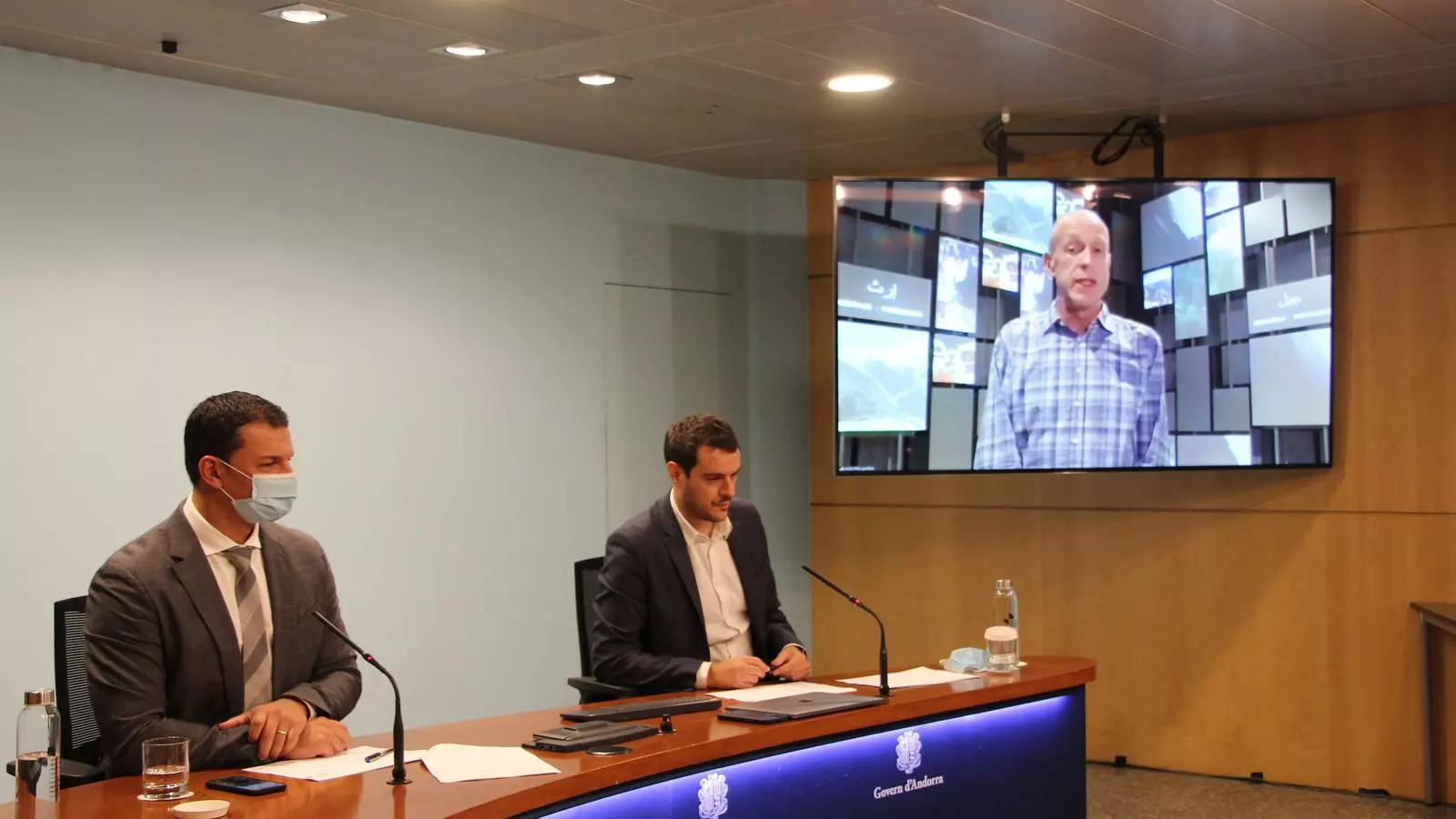 El ministre de Presidència, Economia i Empresa, Jordi Gallardo, el secretari d'Estat de Diversificació Econòmica i Innovació, i comissari general del Principat a l'exposició, Marc Galabert, i el director del pavelló d'Andorra a l'exposició, Jordi Canut, durant la roda de premsa d'aquesta tarda.