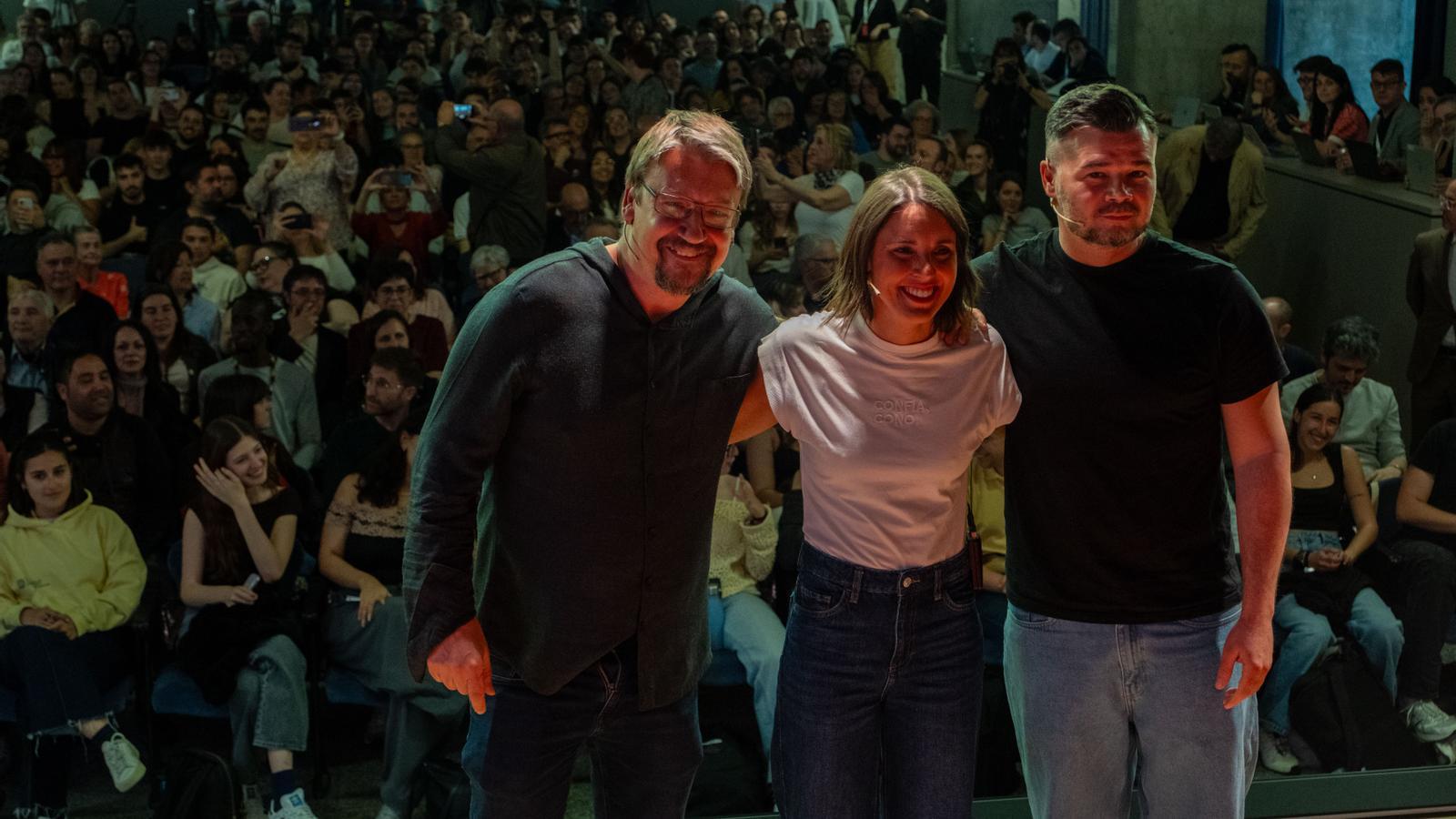 Xavier Domènech, Irene Montero y Gabriel Rufián en el acto del jueves en Barcelona