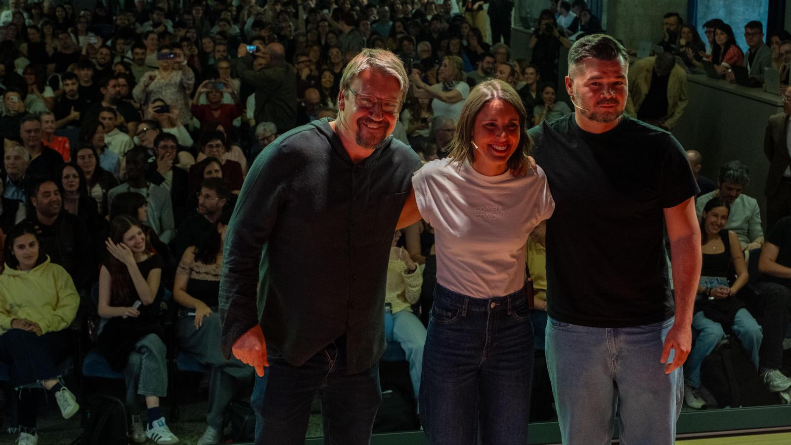 Xavier Domènech, Irene Montero i Gabriel Rufián en l'acte de dijous a Barcelona