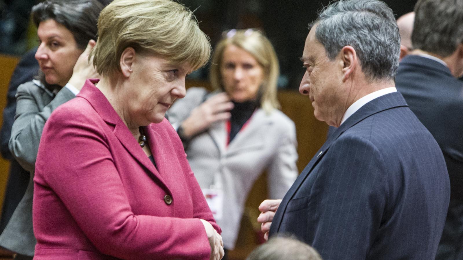 German ex-chancellor Angela Merkel and Italian ex-prime minister Mario Draghi in a file image at a European Council.