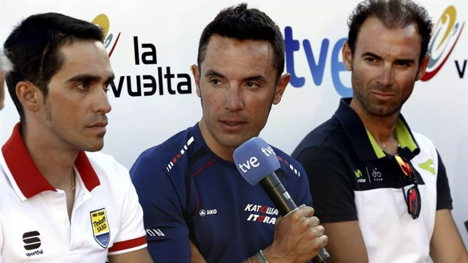 Alberto Contador, Purito Rodríguez i Alejandro Valverde, durant la presentació de la Vuelta