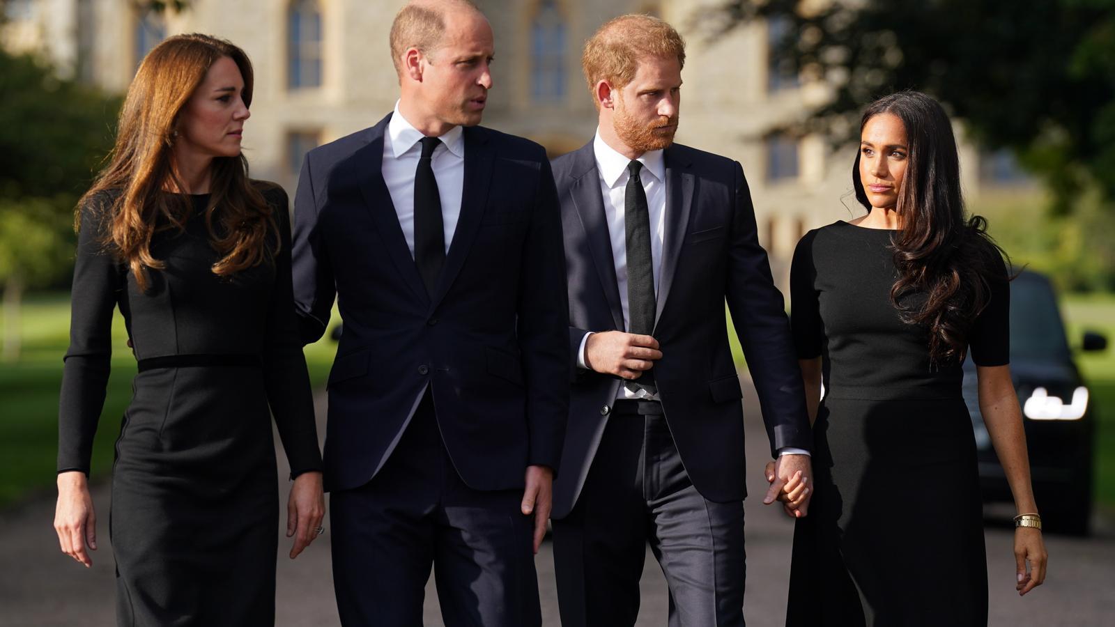Princes William and Harry with their respective wives, Kate and Meghan, together at Windsor Castle after the death of Queen Elizabeth