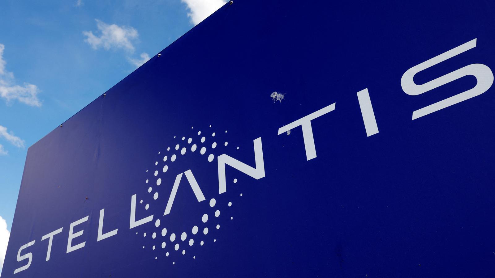 Logo of the automotive group Stellantis at a factory in Hordain, northern France.