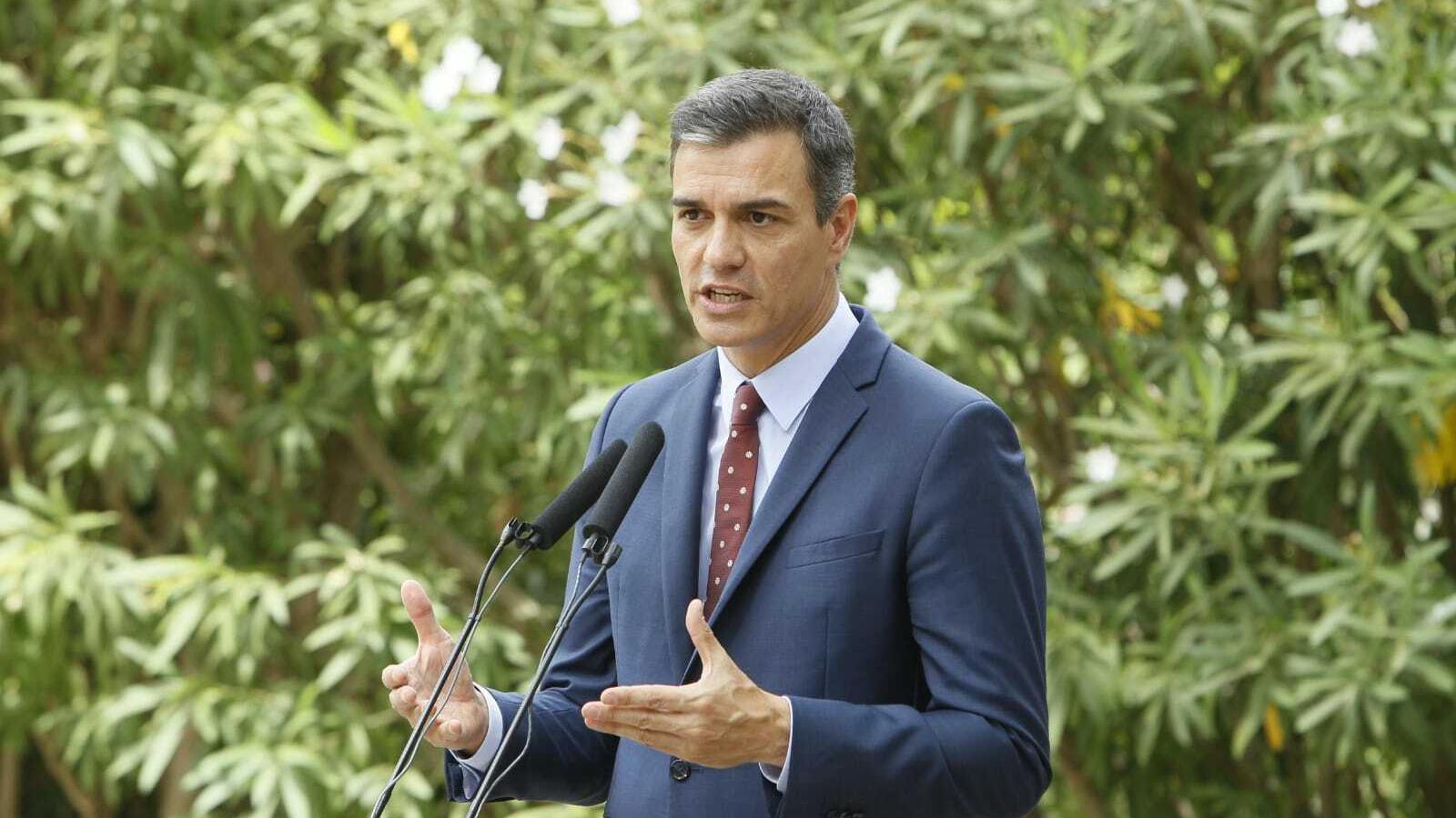 El president del Govern espanyol en funcions, Pedro Sánchez, durant la compareixença a Marivent