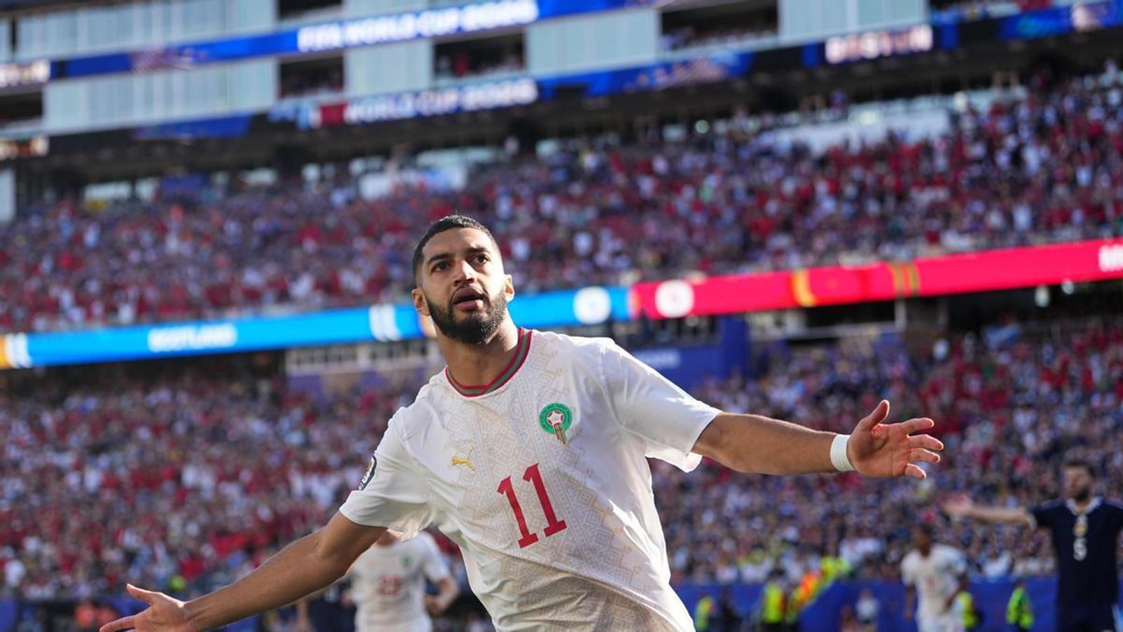 Ismael Saibari celebra uno de sus goles en el Mundial con la selección de Marruecos
