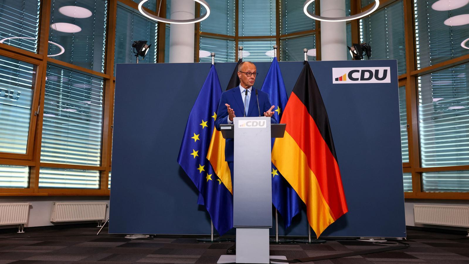 The German chancellor, Friedrich Merz, in a press conference