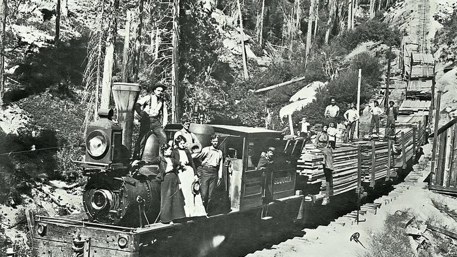 An image of railroad construction in the American West