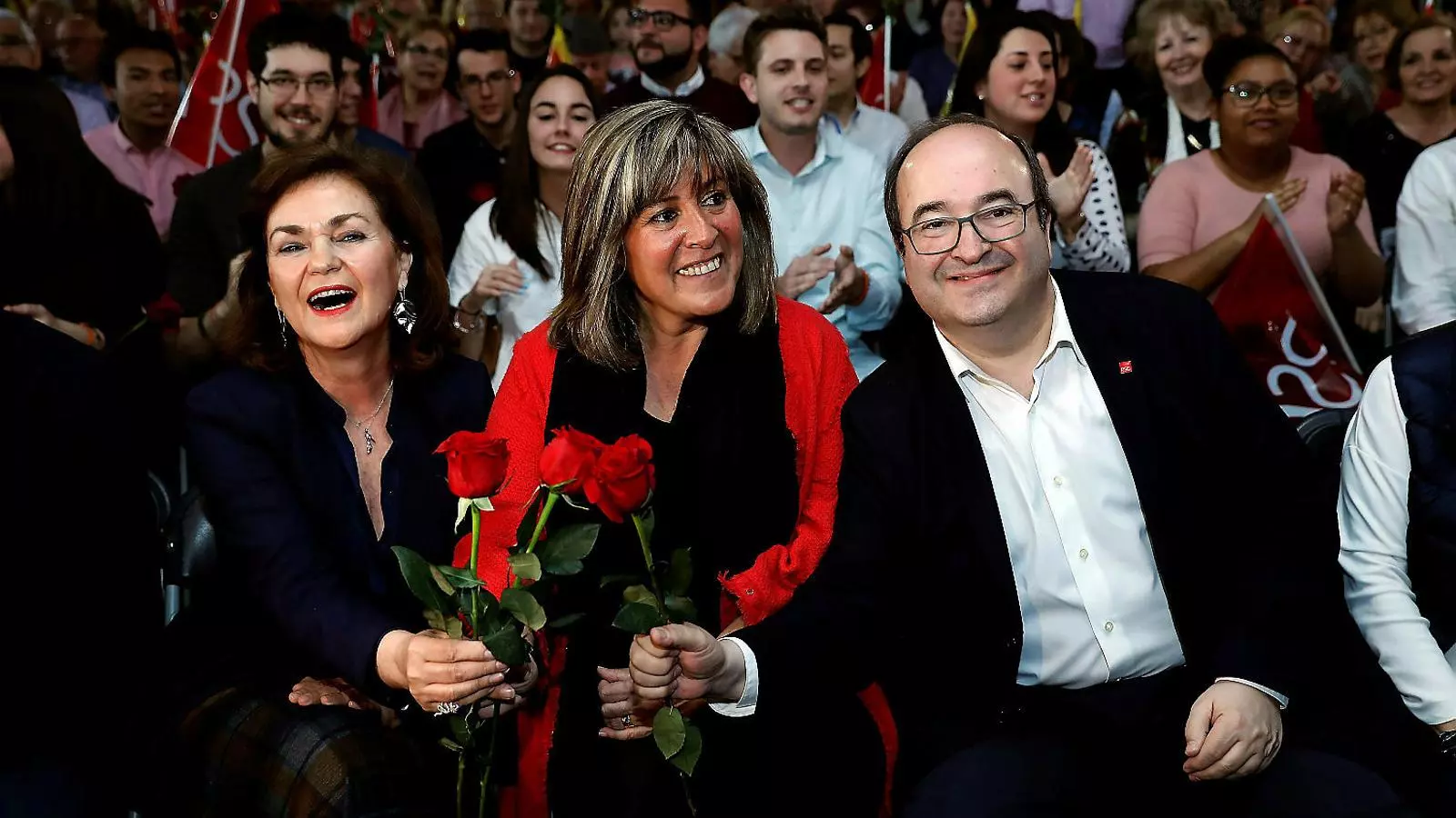 Miquel Iceta (dreta) amb la vicepresidenta espanyola, Carmen Calvo (esquerra), i l’alcaldessa de l’Hospitalet de Llobregat, Núria Marín, en un acte el cap de setmana passat.