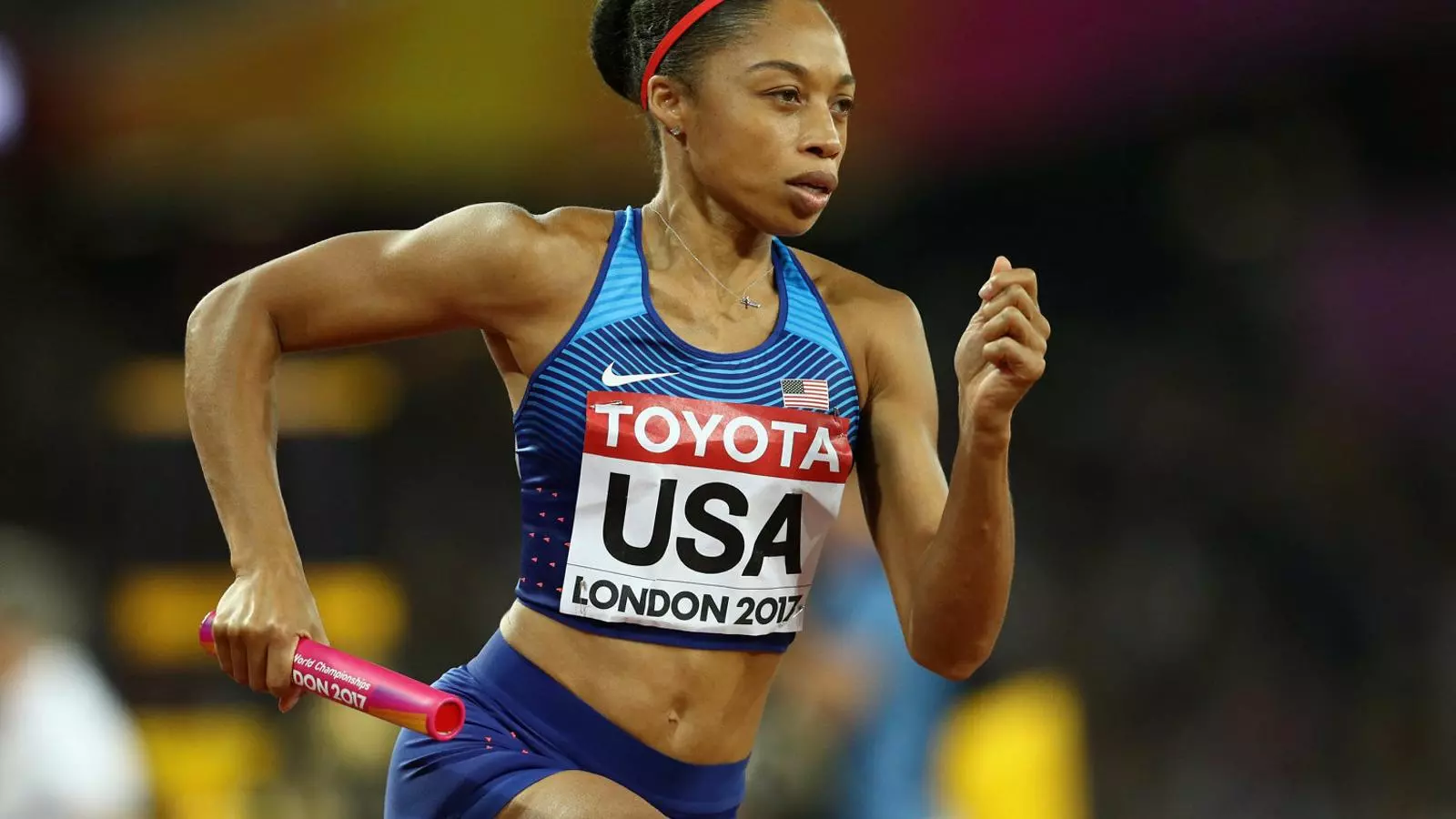 Allyson Felix durant la cursa de relleus 4x400 dels Mundials d’atletisme celebrats a Londres el 2017.