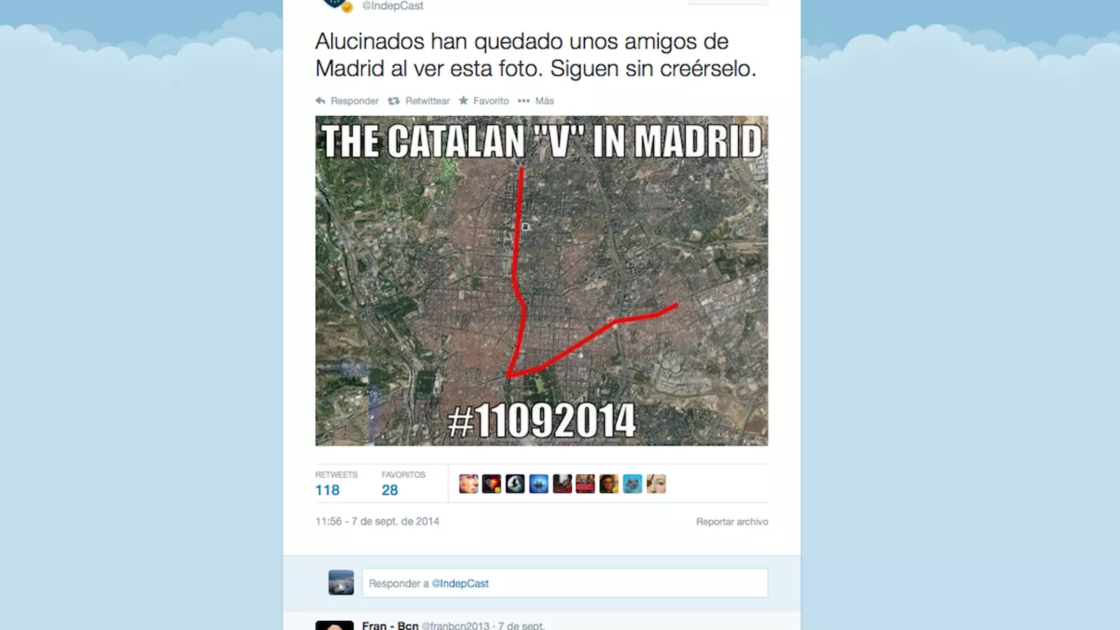 Captura de pantalla del tuit de @IndepCast en què hi apareix el mapa de Madrid amb la possible V