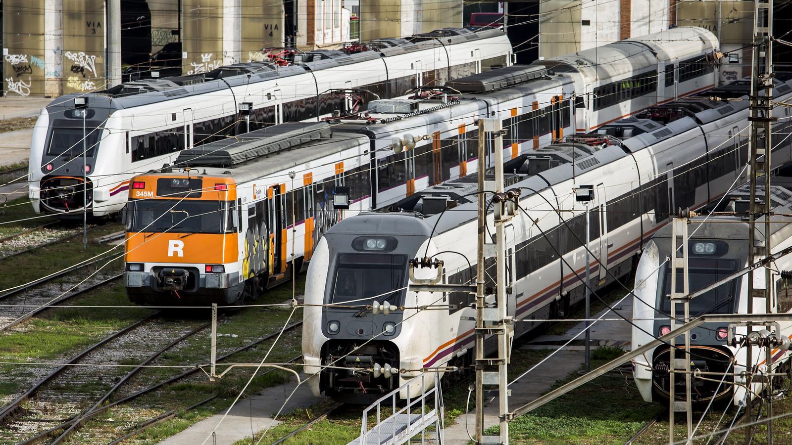 Trains stopped at the Renfe workshop in Sant Andreu Comtal, Barcelona