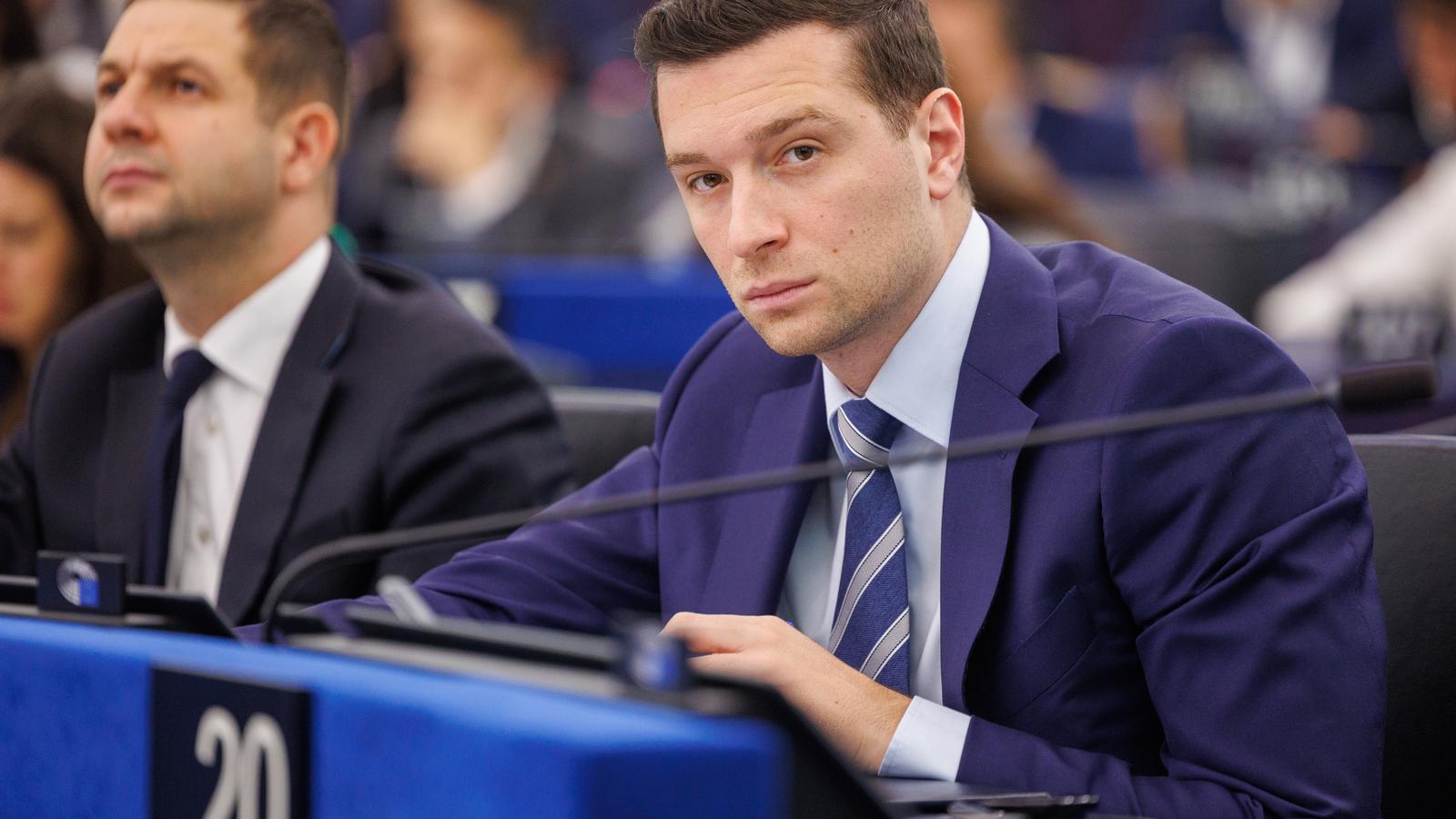 Jordan Bardella, member of the French National Front and of the Patriots for Europe group, this Wednesday in the European Parliament
