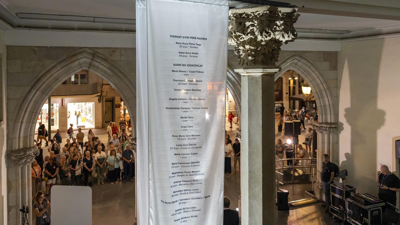 Census of mortal victims of the 1962 flood in Terrassa exposed at the entrance to the Town Hall.