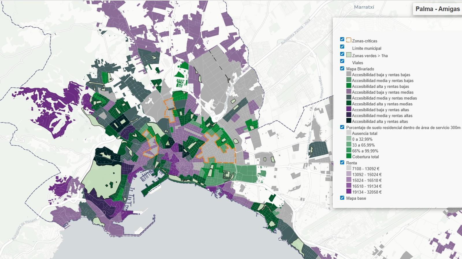 Distribución de las zonas verdes en Palma en función del nivel de renta.