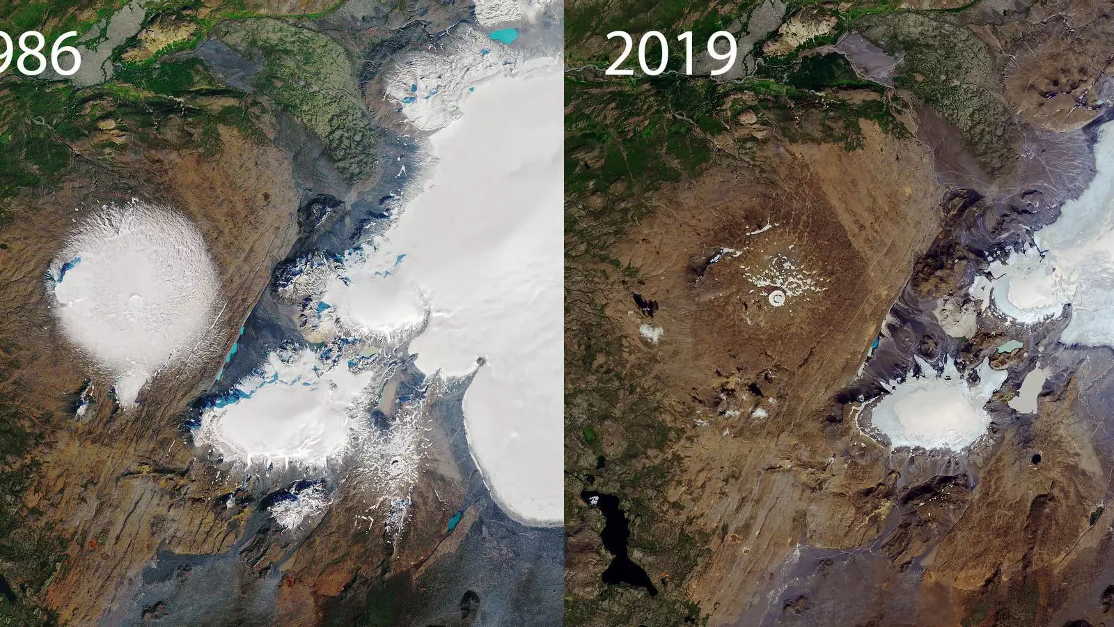 La glacera Okjökull va ser declarada morta el 2014. Les imatges de satèl·lit de la Nasa mostren les últimes etapes del seu declivi comprant el seu estat el 1986 amb l'actual