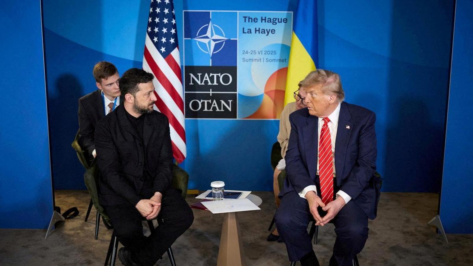 President Donald Trump and Ukrainian President Volodymyr Zelensky during a meeting on the sidelines of the NATO summit in The Hague.