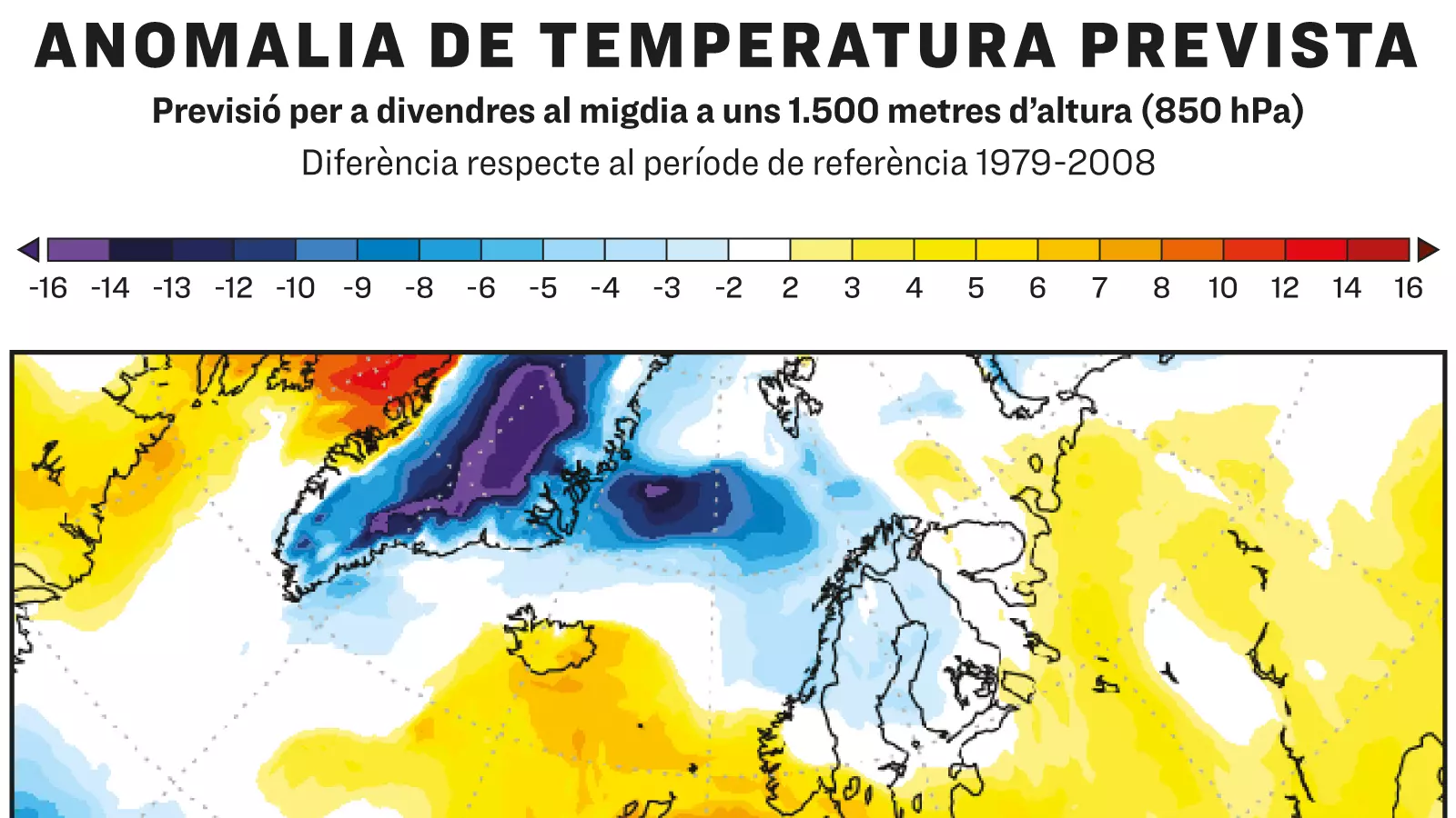 Anomalia de temperatura prevista per a divendres