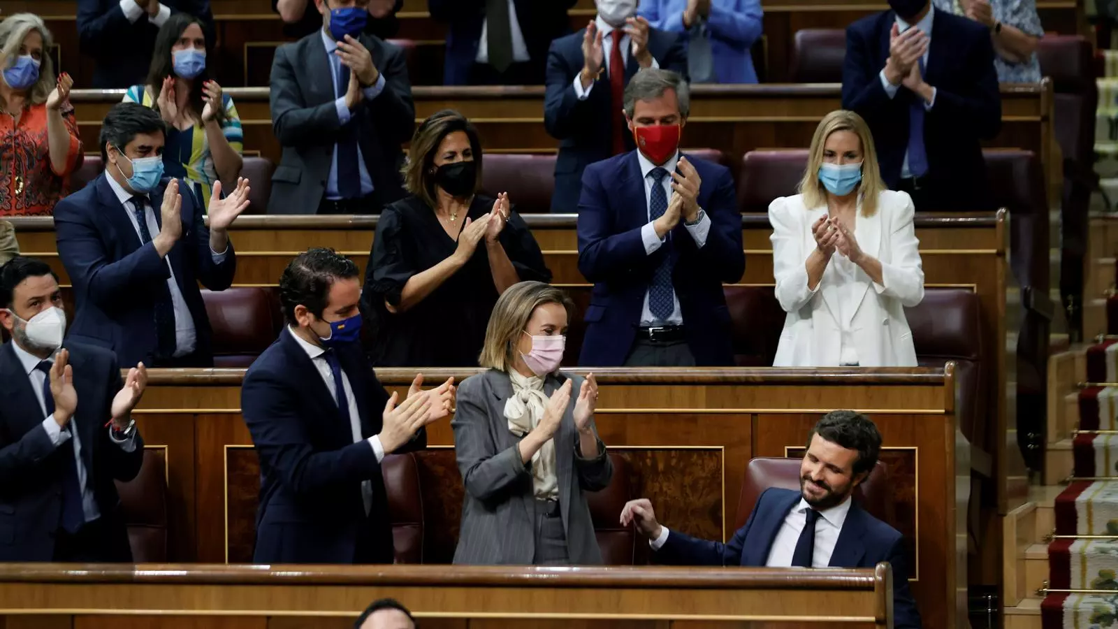 El líder del PP, Pablo Casado, después de anunciar en el Congreso que su partido ha recorrido los indultos al Supremo.